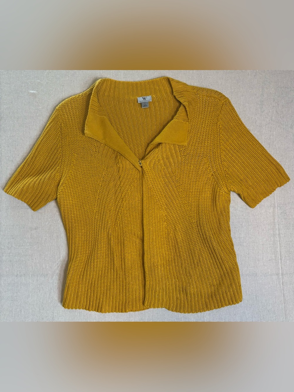 Worthington Women’s L Mustard Short-Sleeve One Button Open Knit Top with Collar